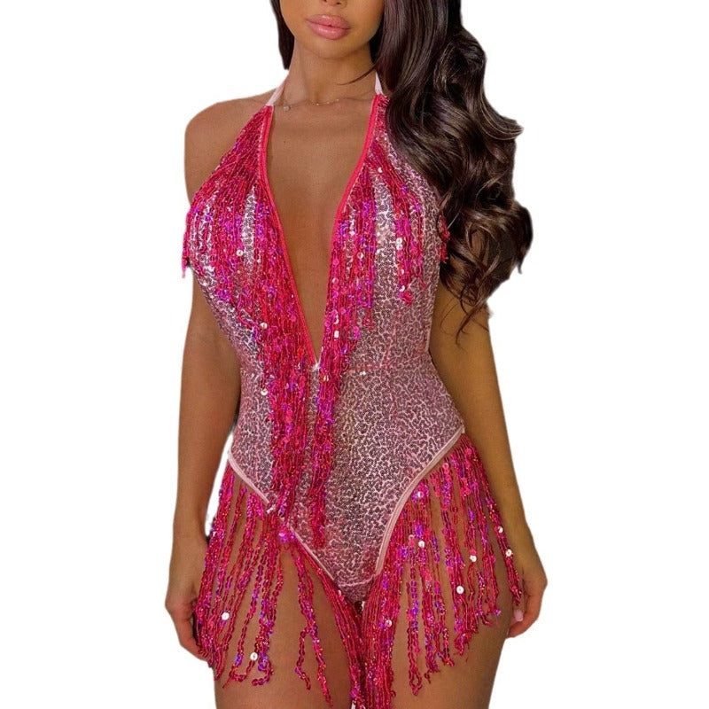 Wholesale Performance Costume Tassel Jumpsuit One Piece Swimsuit